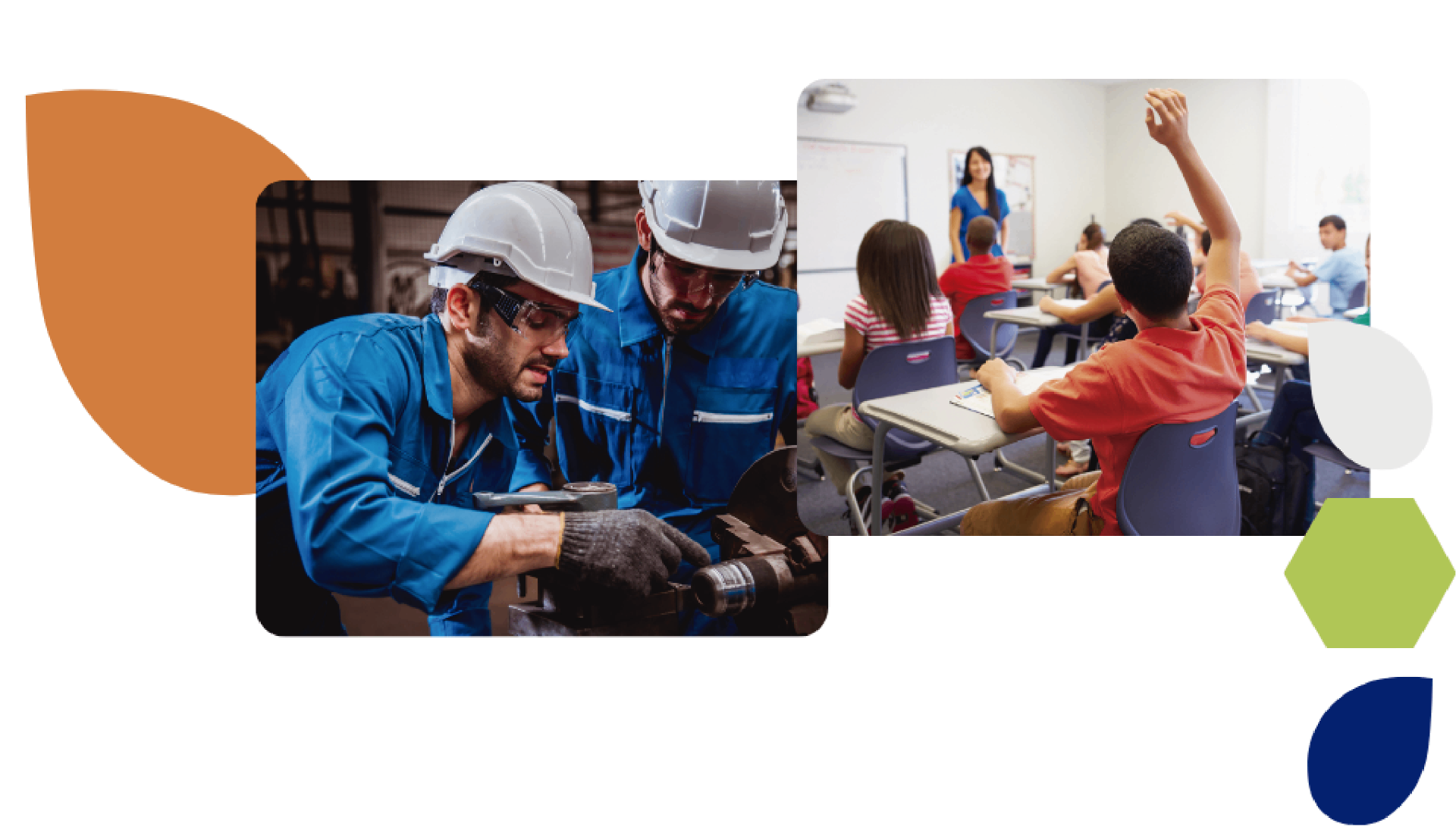 Colagem de ambientes: trabalhadores em indústria e sala de aula